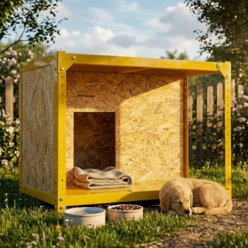 מודומוס דגם נובה־האוס – מלונה מודולרית מעוצבת לכלב צהוב