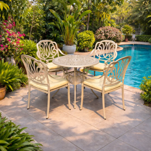 סט ישיבה יוקרתי "רויאל גארדן שמפניה" – שולחן עגול + 4 כיסאות אלומיניום יצוק