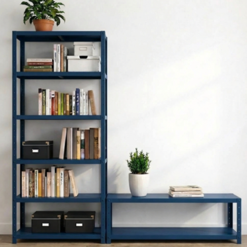 ספריית מתכת מודולרית AquaFlex עם יחידת נמוכה משולבת כחול