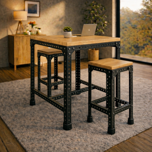 סט בר “נורדן 70” – שולחן בר + 2 כיסאות בר מתכת־עץ (גובה 100 ס״מ)