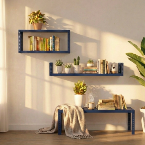 סט מתכת מודולרי UrbanFlex לבית – שולחן ומדפים בעיצוב תעשייתי כחול כהה