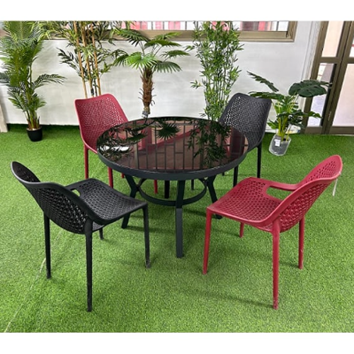 שולחן עגול אפור פחם + 4 כסאות פלסטיק- שחור אדום