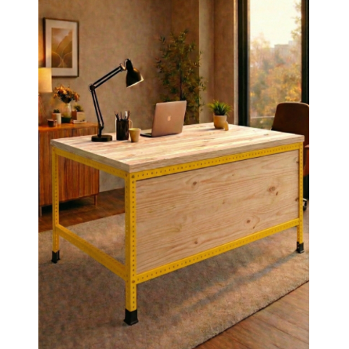 שולחן עבודה מודולרי UrbanPro 120 צהוב כולל סגירת חזית משטח עליון עץ אורן 