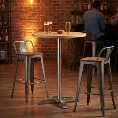 שולחן בר עגול רגל אלומיניום משטח עץ אלון דגם בריסטול