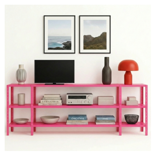 מזנון מתכת מודולרי – עיצוב חכם וגמיש לבית - צבע ורוד - גובה 100 ס"מ אורך 240 ס"מ  3 קומות