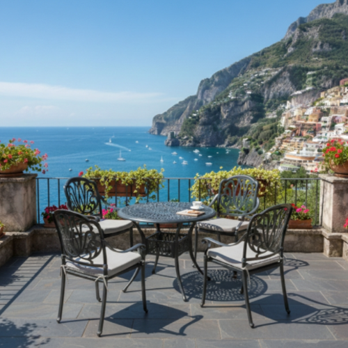 סט ישיבה יוקרתי "רויאל גארדן שחור " – שולחן עגול + 4 כיסאות אלומיניום יצוק