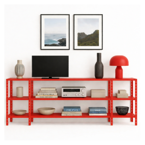 מזנון מתכת מודולרי – עיצוב חכם וגמיש לבית - צבע אדום - גובה 100 ס"מ אורך 240 ס"מ  3 קומות