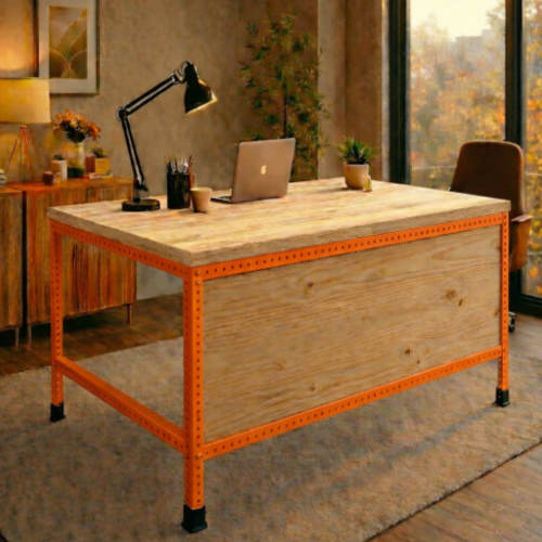 שולחן עבודה מודולרי UrbanPro 120 כתום כולל סגירת חזית משטח עליון עץ אורן 