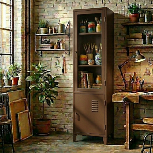 ארון מתכת דלתות זכוכית גבוה עם דלת אטומה - צבע חום