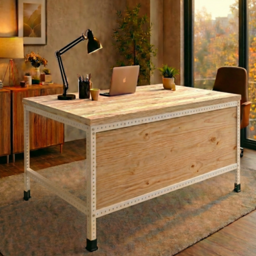 שולחן עבודה מודולרי UrbanPro 120 לבן כולל סגירת חזית משטח עליון עץ אורן 