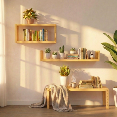 סט מתכת מודולרי UrbanFlex לבית – שולחן ומדפים בעיצוב תעשייתי צהוב