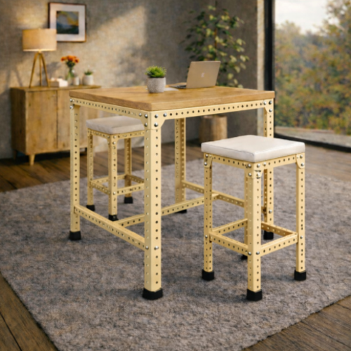 סט בר “נורדן 70” – שולחן בר + 2 כיסאות בר מתכת־עץ  מושב ריפוד (גובה 100 ס״מ) קרם