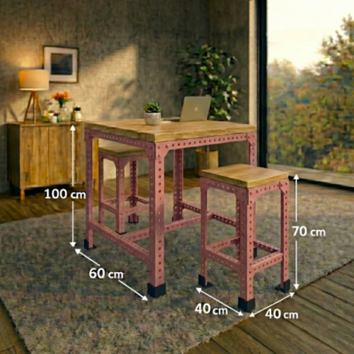סט בר “נורדן 70” – שולחן בר + 2 כיסאות בר מתכת־עץ (גובה 100 ס״מ) צבע ורוד