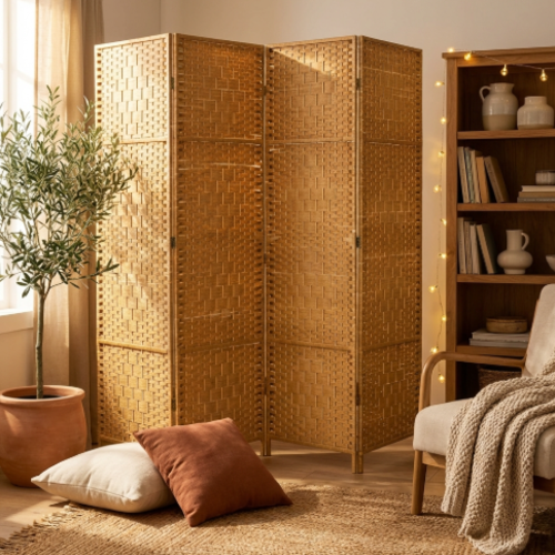 פרגוד מתקפל 4 כנפיים  נפתח עד 200 ס"מ. מבית H.KLEIN‏ - צבע חום טבעי