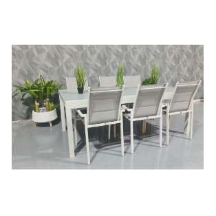 שולחן +6 כסאות “לנד” 200/100 ס”מ נפתח ל320 ס”מ צבע אפור בהיר וזכוכית אפורה מבית H.KLEIN‏