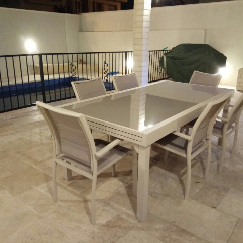שולחן אלומיניום נפתח לגינה 100x200/320 צבע בז'/ לבן / סילבר  + 6 כסאות מרופדים