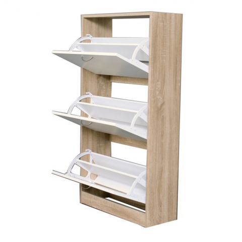 ארון לאחסון ושמירת נעליים בצבע לבן משולב עץ מחולק לשלושה תאים בעלי מידוף פנימי H.KLEIN